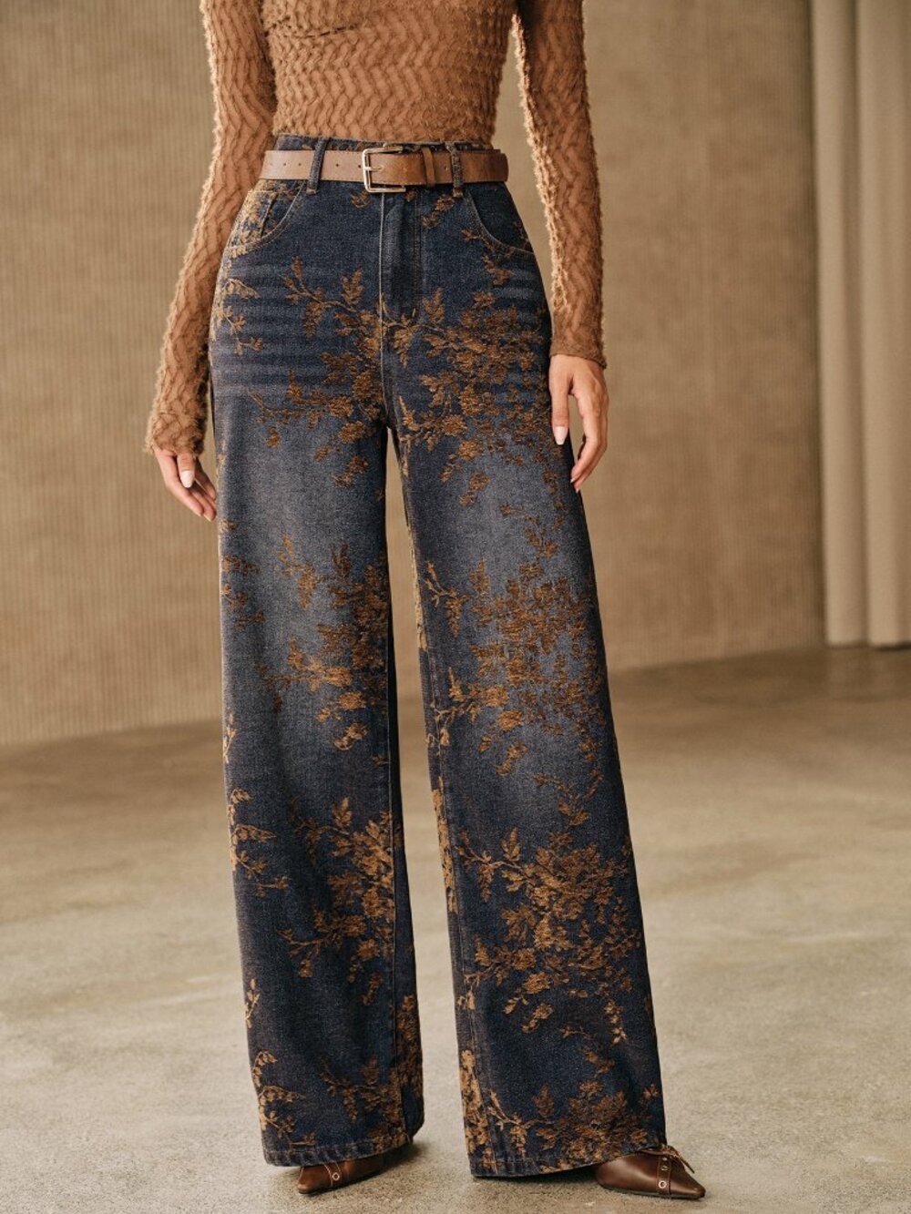 Coffee Brown Boho Women's Jacquard Jeans Straight Leg Pants - Picture 2 of 7